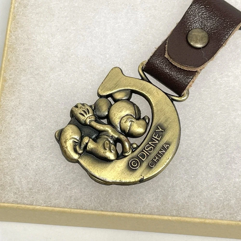 Vintage 80s Disney Mickey Mouse Brass Finished Initial G Keychain Leather Strap